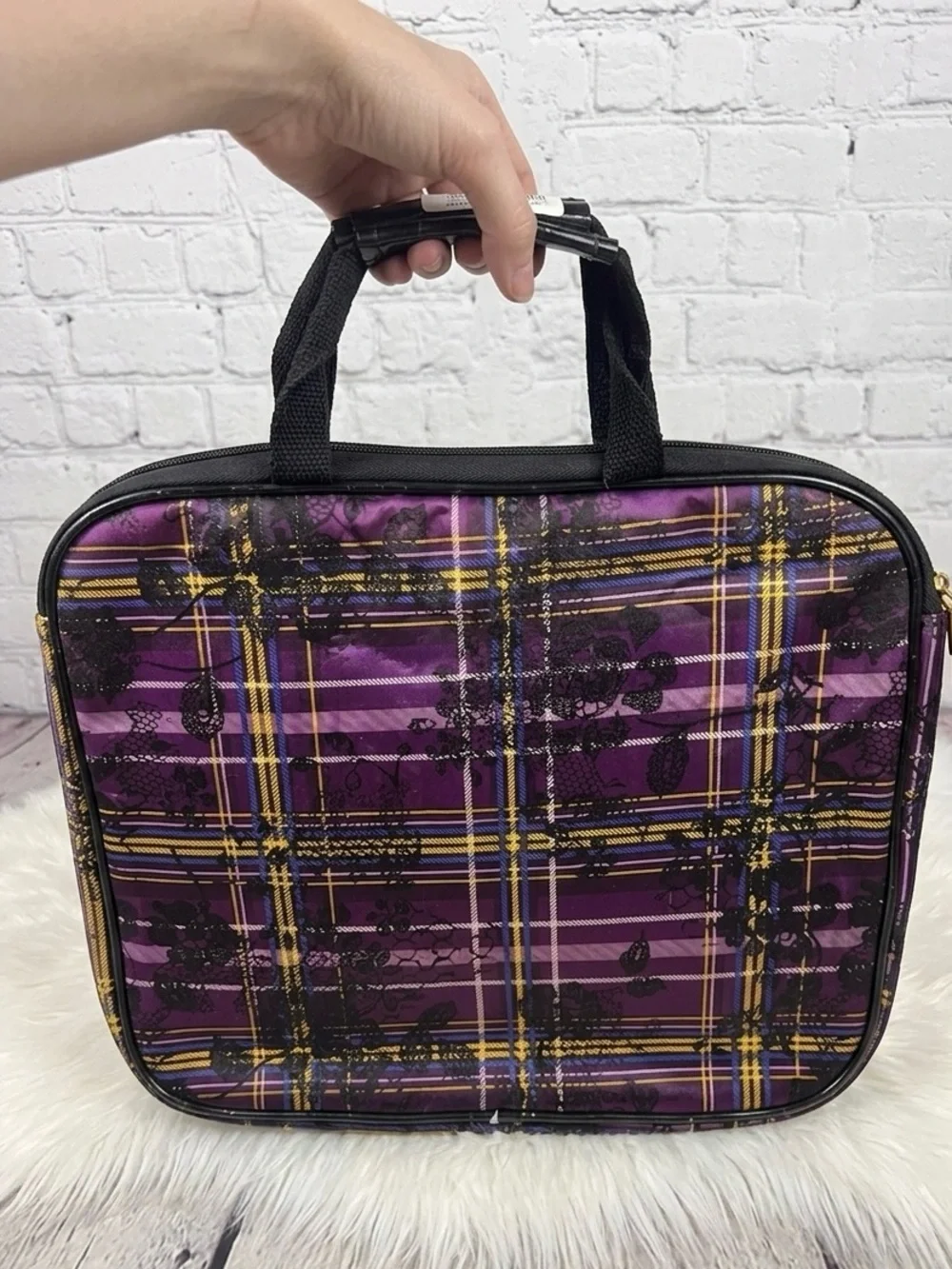 Vtg Betsey Johnson Purple Plaid and Lace design laptop bag with Gold Accents